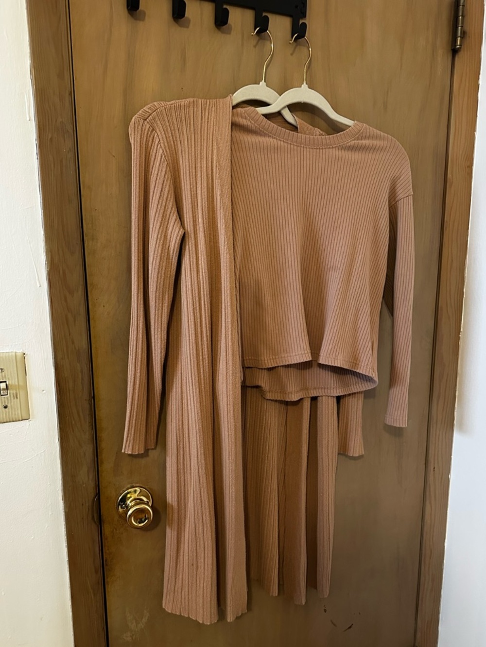 Time and Tru Long Sleeve Ribbed Two-Piece Set in Tan